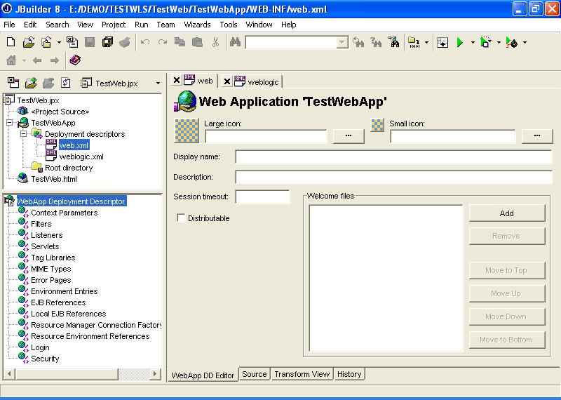 Figure 3: JBuilder 8 Web application Deployment Descriptor Editor Note: The Deployment Descriptor Editor tool in JBuilder provides a graphical user-friendly way to update the web.