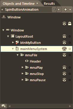 The menu system as realized in the Objects and Timeline panel Assigning Triggers to Menu Items Select the mnuplay object in your Objects and Timeline panel and then click the +Event button of the