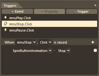 CHAPTER 3 THE ANIMATION EDITOR Figure 3 27. Connecting an event trigger to a menu option Now, run your application! You should find that you can use menu options to control your storyboard object.
