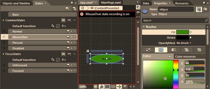 CHAPTER 5 STYLES, TEMPLATES, AND USERCONTROLS Figure 5 46. Recording changes that will happen when the mouse cursor is over the ellipse Now, select the Pressed state within the States editor.