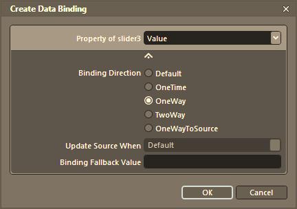 As well, open the advanced settings area (via the downward arrow icon on the bottom of the dialog box), and notice you have a set of binding modes to pick from; select the OneWay option for the time