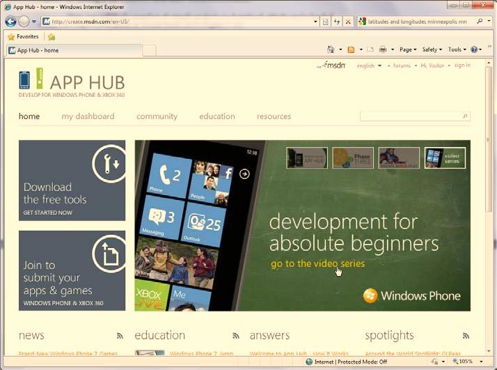 CHAPTER 7 DESIGNING FOR WINDOWS PHONE 7 Figure 7 40. The App Hub site is another useful Windows Phone 7 site.