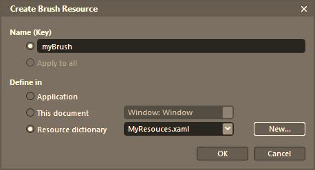 CHAPTER 2 VECTOR GRAPHICS AND OBJECT RESOURCES For this example, we will package up mybrush in a new resource dictionary named MyResources.xaml. Click the New button to generate this file.
