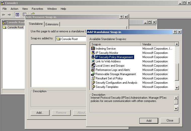 Avaya CallPilot 5.1 ELAN IPSec 7. In the Add Standalone Snap-in dialog box, click IP Security Policy Management, and then click Add. 8. Verify that Local Computer is selected, and click Finish. 9.