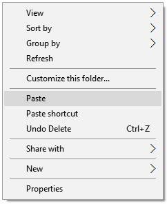 3. In the folder, you want to save the Global Database to, right mouse click and then click Paste from the drop-down menu.