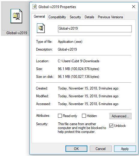 1. To make sure the Global installer is unblocked, right mouse click on the installer and select Properties.