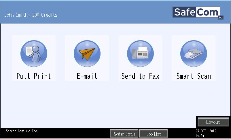 How to scan to SafeCom 1. Login Press the Other Function button. If prompted, tap SafeCom Go. Login with card, code, or Windows credentials. Tap the Smart Scan icon. 2.