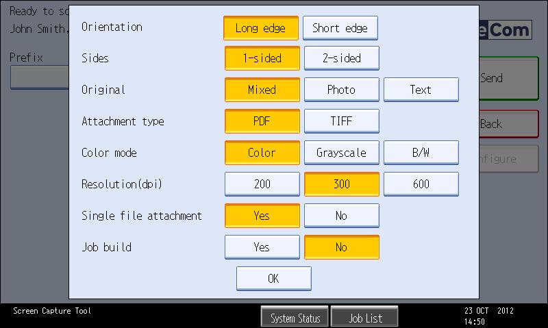 Tap Configure to choose properties for the scan. If you want to scan several documents into a single file, tap Yes to Job build. The scan always results in a PDF file. Tap OK to return to scan file.