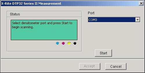 The Status field displays instructions for selecting the port and feeding the measurement page through the DTP32 four times, once for each color strip.