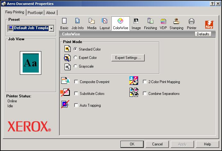 COLORWISE PRINT OPTIONS 85 TO SET PRINT OPTIONS FOR WINDOWS COMPUTERS 1 Choose Print in your application. 2 Select Fiery EXP8000/50 as your printer and click Properties.