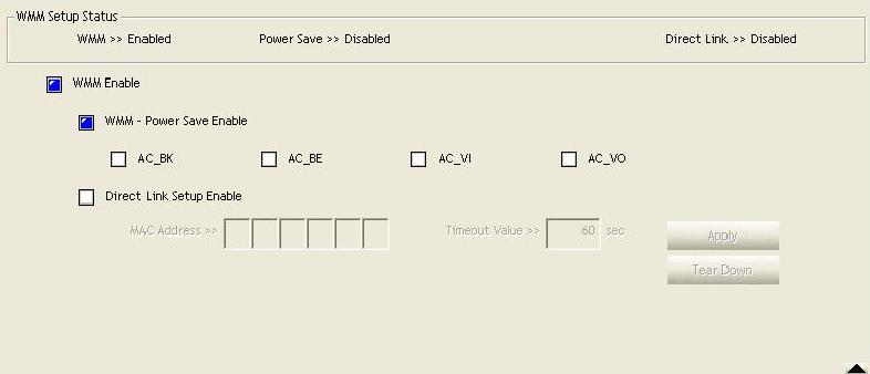Step 1: Click WMM-Power Save Enable Step 2: Please select which ACs you want to enable. The setting of enabling WMM-Power Save is successfully.
