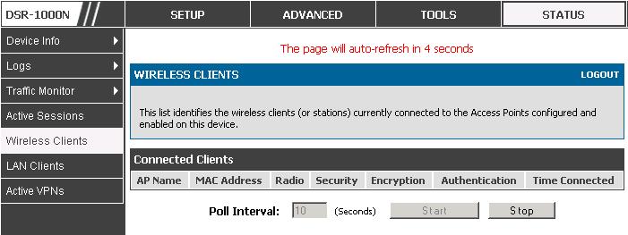 User Manual 10.3.2 Wireless Clients Status > Wireless Clients The clients connected to a particular AP can be viewed on this page.