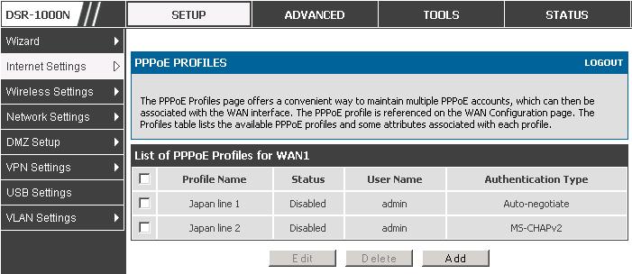 User Manual 3.2.1 PPPoE Profiles Setup > Internet Settings > PPPoE Profiles > WAN1 PPPoE Profiles Some ISP s allow for multiple concurrent PPPoE sessions (it is most common in Japan).