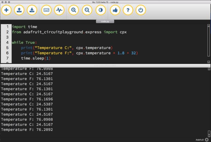 Let's take a look at the code. We import time and cpx. Inside our loop, we print Temperature C:, followed by the temperature value, cpx.temperature. Then we have a time.