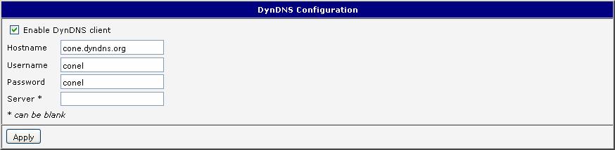 1.18. DynDNS client configuration DynDNS client Configuration can be called up by option DynDNS item in the menu. In the window can be defined a third order domain registered on server www.dyndns.