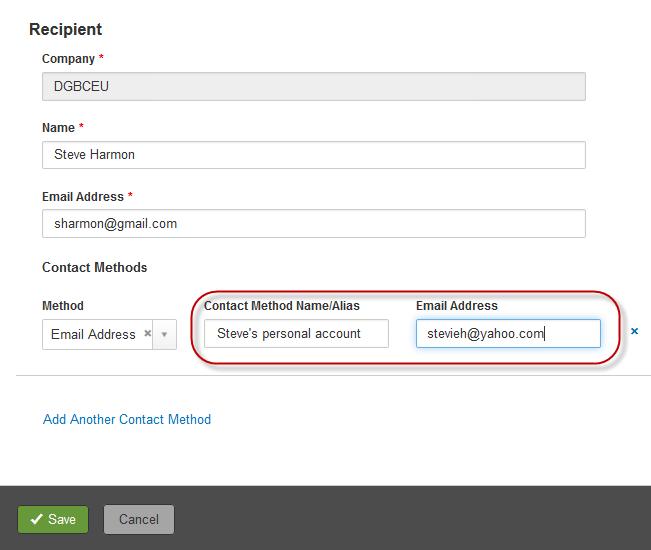Recipients A Custom Recipients feature is used with the Alert Settings function. A recipient associates a logical name to an email address.