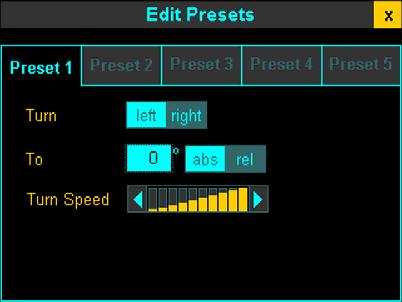 Pressing the Edit Preset button opens a screen that allows each of these five presets to be defined. On the Edit Presets screen, five tabs are presented, each representing one of the five presets.