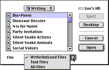 Write:OutLoud Chapter 2 The Menus Besides using the toolbar to quickly access several functions, you can also use Write:OutLoud s pull-down menus to access all functions and settings.