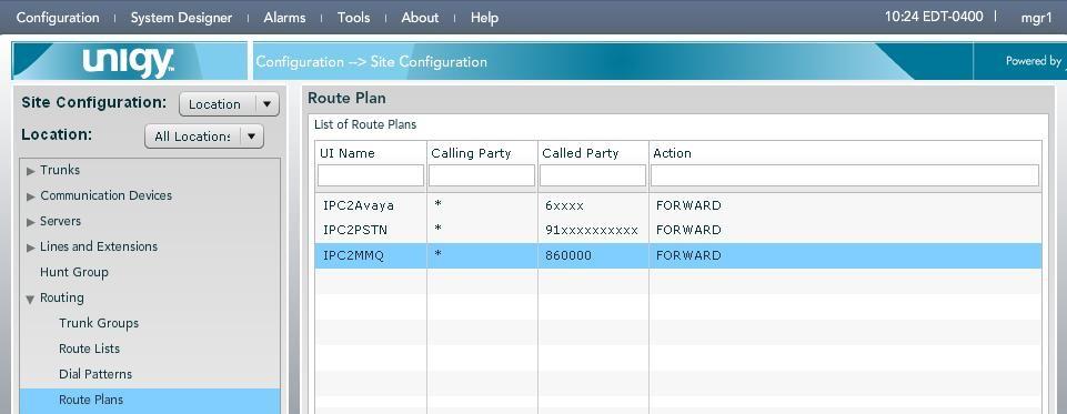 In the Route Plan middle pane, enter a descriptive UI Name and optional Description. For Calling Party, enter * to denote any calling party from Unigy.