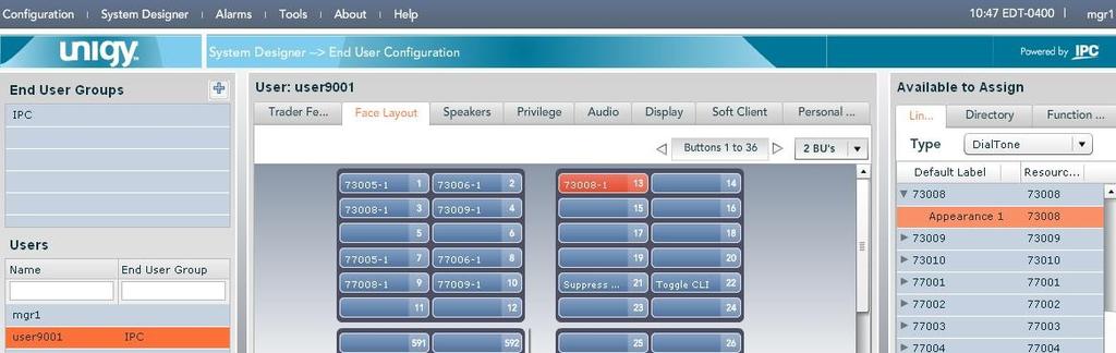 6.4. Administer Voicemail Buttons Select System Designer > End User Configuration from the top menu, to display the end user information in the left pane.