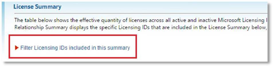 4 Microsoft Volume Licensing Service Center: License and Relationship Summary Information The License Summary page The License Summary page provides details of all of your licensed Microsoft products