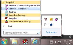 If this icon is NOT present on the system tray do the following: Click Start > Programs (or All Programs) > Sharpdesk > Network Scanner Tool.