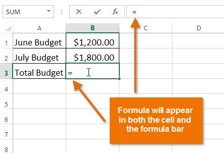 CREATE A FORMULA 1. Select the cell that will contain the formula. 2. Type the equal sign (=). Notice how it appears in both the cell and the formula bar. 3.