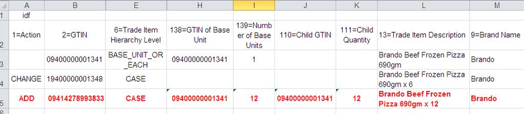 Add the new Case (and its price) and link to existing Base Unit 1) In the ITEM tab, start on a new row, place action code ADD at column [1=Action], enter item data of the new Case GTIN.
