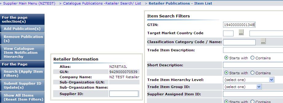 7) At section Item Search Filters, enter old Case GTIN, click Search (Apply Item Filters) on