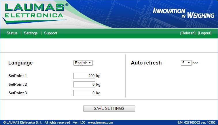 Click on Settings to enter the instrument configuration page: In the configuration page you can: - set language and page refresh time: by pressing SAVE SETTINGS data are saved on the instrument and