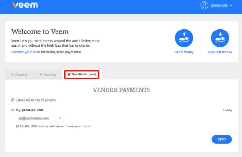 Pay your bills in Veem You will notice a new 'QuickBooks Online' tab in your Veem dashboard.