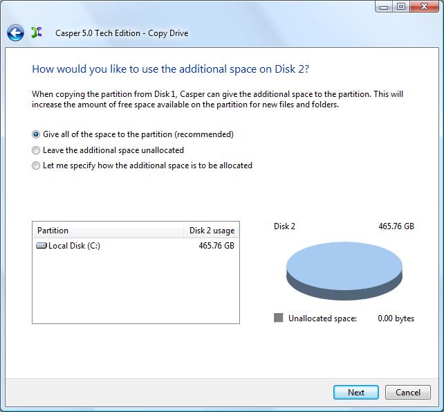 When the destination hard disk is larger than the source, the default option will be Give all of the free space to the partition, or Proportionally distribute the free space to all partitions when