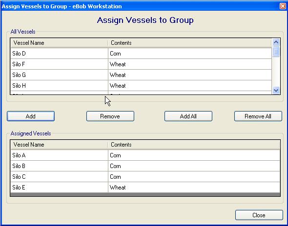 Figure 25 All Vessels list Assigned Vessels Add button Remove button Add All button A list of all the vessels in the system. A list of currently assigned vessel to the selected Group.