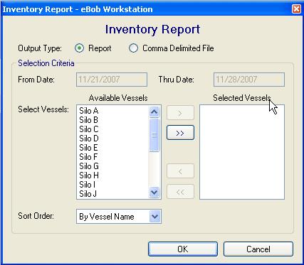 Inventory Reporting (Figure 32) Figure 32 Output Type Selection Criteria Selects Print report or Export report output. Defines what vessels and how to sort the output data.