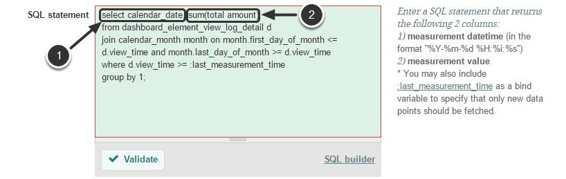 SQL Statement Requirements The SQL statement for an undimensioned metric must return exactly TWO columns in the result set: 1. Measurement date/time 2.
