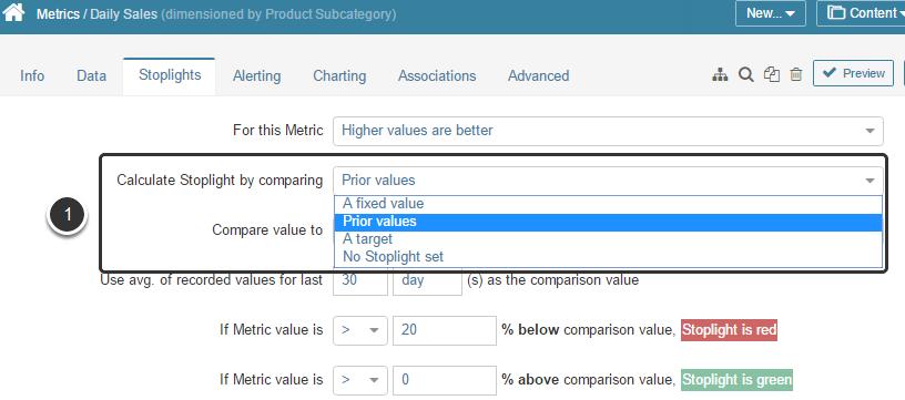 2. If For this Metric 'Higher / Lower values are better' 1. Define the Stoplight calculation method NOTE: Each option in this drop-down list is configured differently.