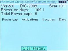 The Receiver History screen displays the total days the receiver has been powered on, the total number of Power