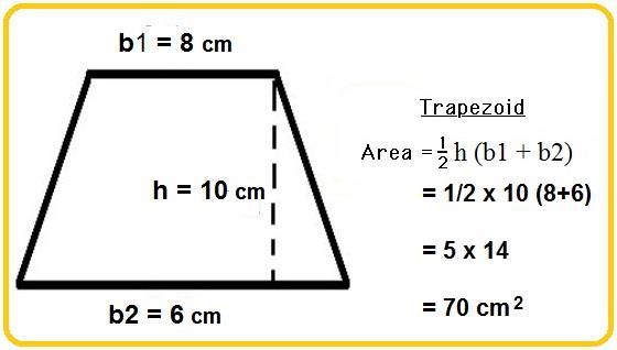 Area of a Trapezoid: Formula = A = 1 h b1 + b2 2 A = area H =