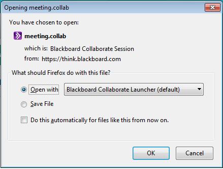 Click the Join Room button to access the Collaborate session A pop up window will prompt you to download the meeting.collab file.
