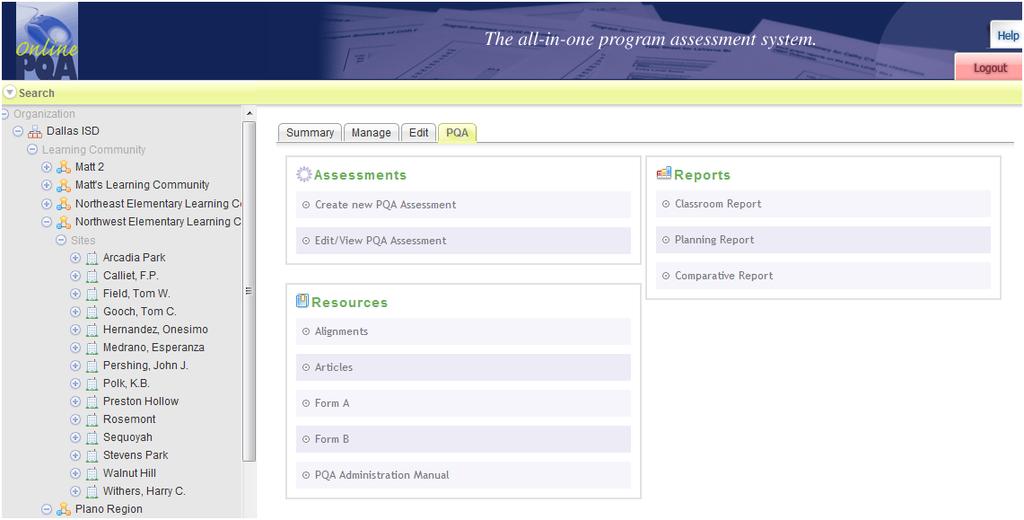 Delete assessments: 1. Use the + buttons in the navigation tree to navigate to the site or classroom where you want to remove the PQA assessment. 2.