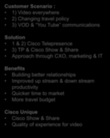 Customer Scenario : 1) Video everywhere 2) Changing travel policy 3) VOD & You Tube communications Solution 1 & 2) Cisco Telepresence 3) TP & Cisco Show & Share