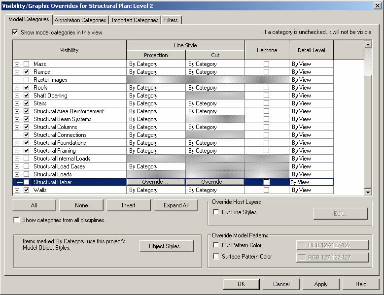 Figure 2 The visibility table allows a structural designer to turn on and off some structural objects and annotations, before exporting the view to a DWG format.