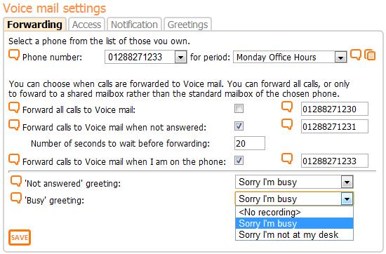 Voice Mail Settings Access Select; Account Features Messages Voice Mail Access For each phone that you own you can indicate whether you want the automated Voice mail prompt to be played to incoming