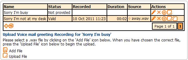 Adding recordings Click the icon to add a new greeting recording. This will be followed by the following data entry form: Enter a name for your recording and a brief description for future reference.