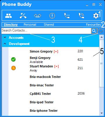Phone Buddy is uses a single window model where the functions that are used the most often are accessible from icons available across the top of the application (1).