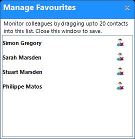 This window allows the selection of contacts from the Directory by simply dragging them into the Manage Favourites list.
