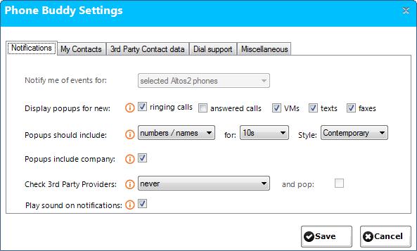 Notifications Select; Settings - Notifications This panel allows you to set several arameters governing the way