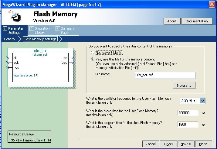 Getting Started Figure 2 11. altufm Wizard (SPI), [page 5 of 7] 16. Under Do you want to specify the initial content of the memory?, select Yes, use this file for the memory content data. 17.