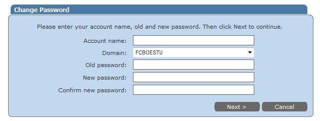 Enter the required information o Account Name student number o Domain change to FCBOESTU o Old password the one you used to log into the computer o New password type a new, private password o