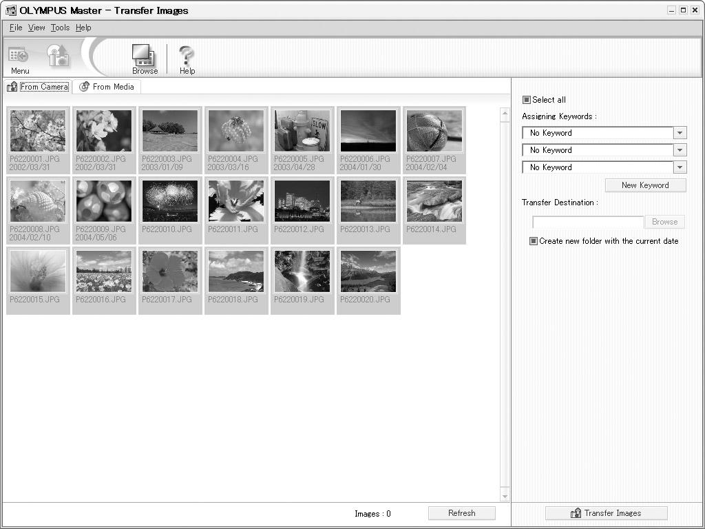 Displaying camera images on a computer Downloading and saving images You can save camera images on your computer. 1 Click Transfer Images on the OLYMPUS Master main menu.